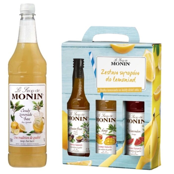 Lemoniadowy zestaw syropów Monin 3x250 ml - mango, arbuz, marakuja + Syrop Cloudy Lemonade Base MONIN 1L