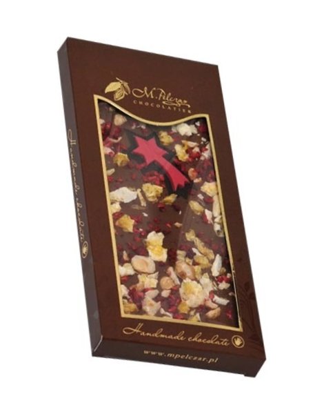 Mleczna czekolada świąteczna M.Pelczar Chocolatier z orzechami laskowymi, pomarańczami i malinami 85g
