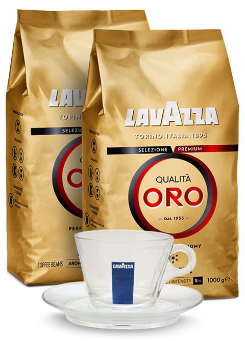 ZESTAW - Kawa Lavazza Qualita Oro 2x1kg + filiżanka szklana Lavazza cappuccino 160ml