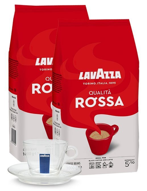 ZESTAW - Kawa Lavazza Qualita Rossa 2x1kg + filiżanka szklana Lavazza cappuccino 160ml