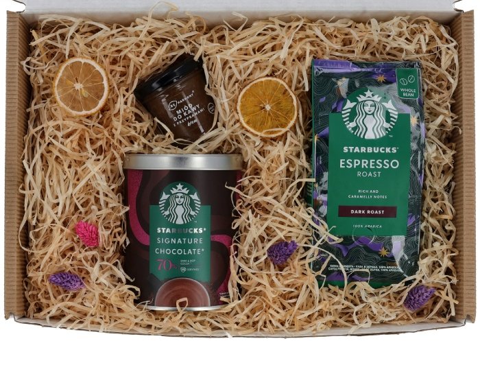 Zestaw prezentowy Starbucks® - Kawa ziarnista, czekolada na gorąco i miód do kawy