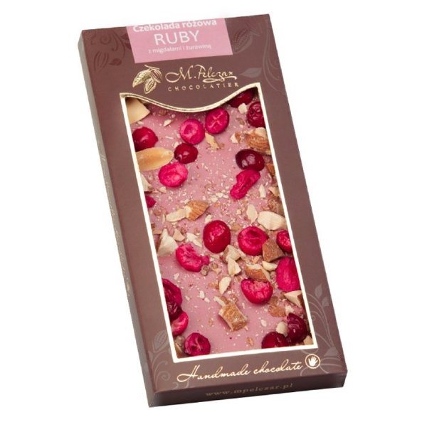 Różowa czekolada M.Pelczar Chocolatier Ruby z migdałami i żurawiną 85g