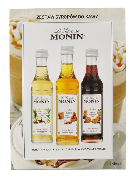 Zestaw kawowy KONESSO Monin 3x50ml - francuska wanilia, słony karmel, czekoladowe ciasteczko